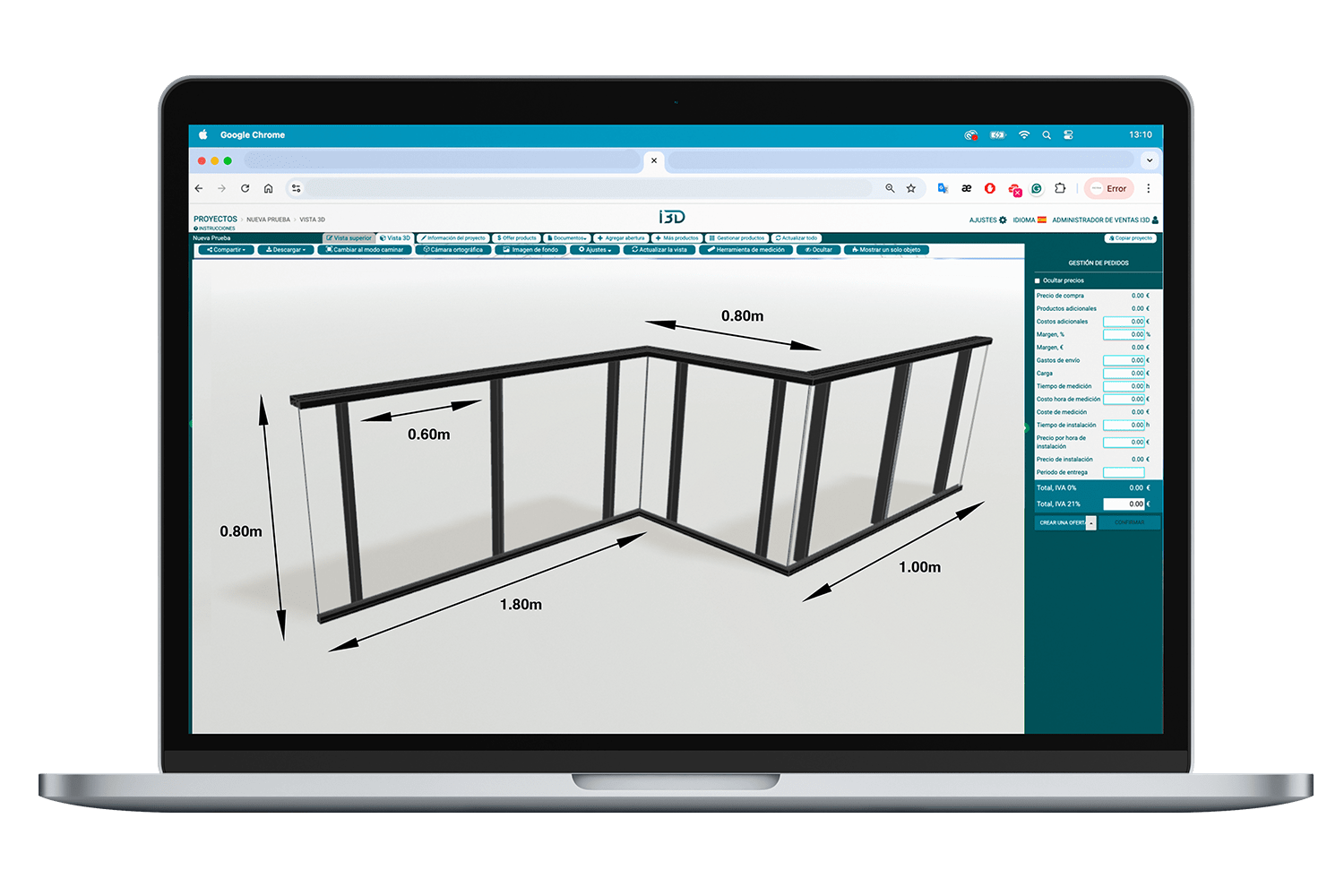 Glass and aluminium balustrade i3D configurator